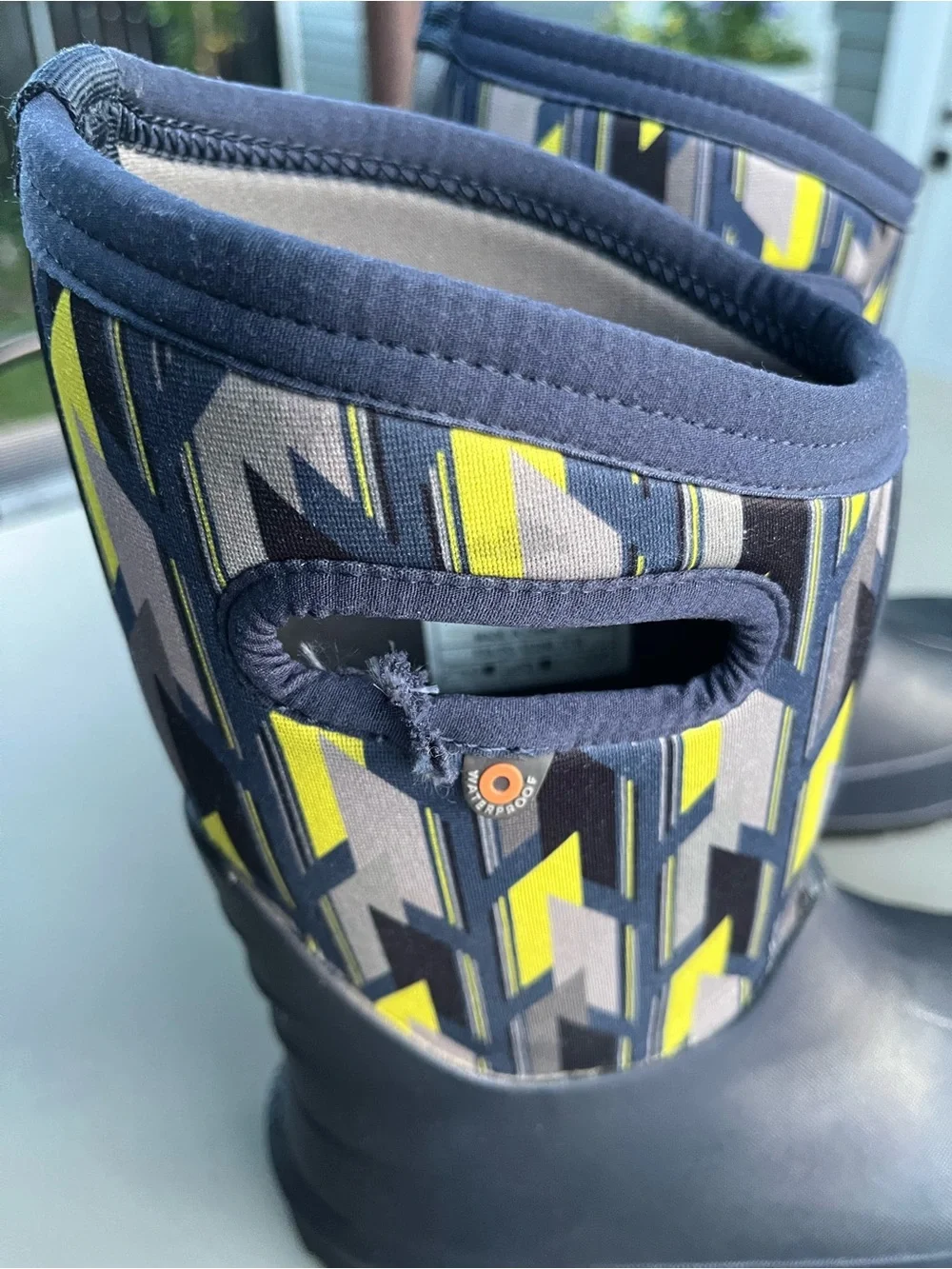 Bogs Kids Navy, Yellow & Gray Geometric Waterproof Boots